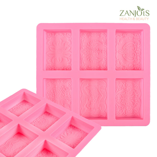 Silicone Mold 6 Cavity Rectangle Decorative Swirl Food Grade for Soap Resin Baking Chocolate Craft Sun Tree Heart Butterfly