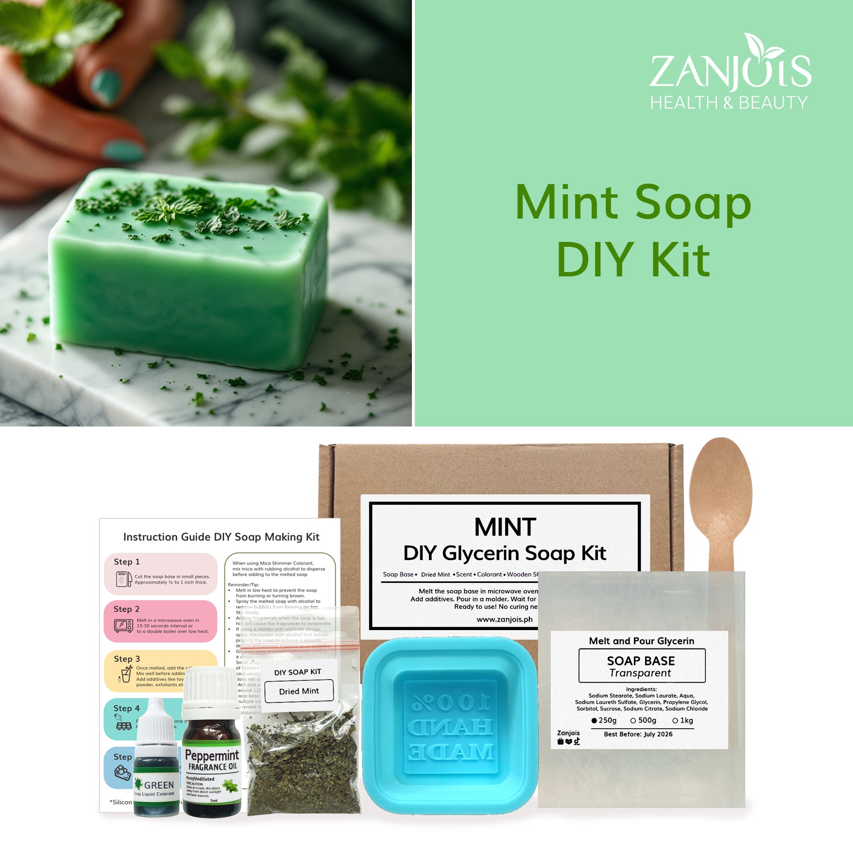 DIY Mint Soap Kit (Melt and Pour Soap) Glycerin Bath Soap
